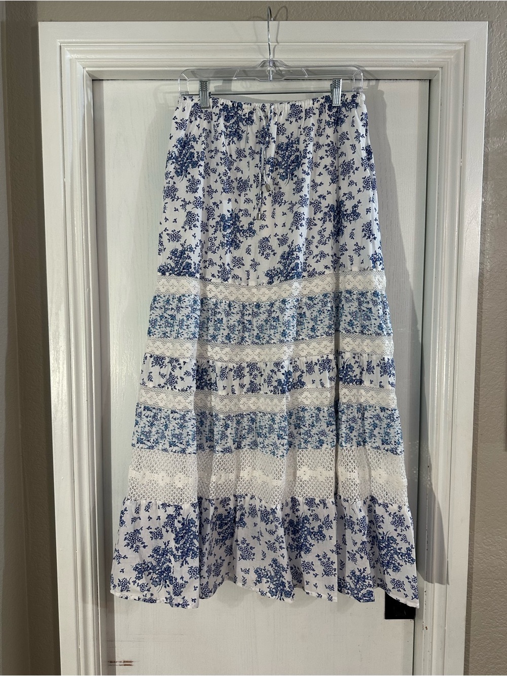 Blue and White Floral Tiered Maxi Skirt